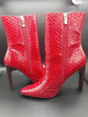 MackinJ Red Patent Scale Textured Plank Heel Mid-Calf Boot 8 NWOT